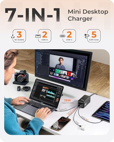LENCENT 65 W Ga N USB-C Power Hub: 7-in-1 Multi-Device Charging Station with 4 USB Ports, 5 ft Extension Cord & 3 AC Outlets – Fast Charging Solution for Laptops, Tablets, and Gaming Consoles – Sleek & Portable Design for Home, Office, and Travel