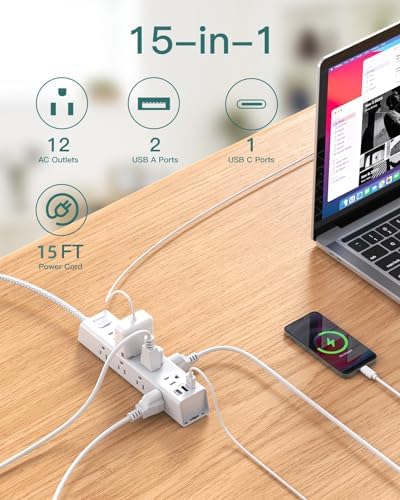 10-Foot Power Strip Surge Protector with 12 Outlets & 3 USB Ports – Wall-Mountable Extension Cord for Optimal Device Charging in Dorm Rooms, Offices, and Homes – 1050 J Overload Protection for Enhanced Safety and Efficiency – Sleek Black Design for Clutter-Free Use