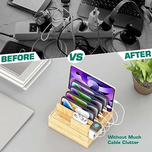 Sustainable Bamboo USB Charging Hub with 7 Ports – Elegant Multi-Device Organizer for Smartphones, Tablets, Smartwatches, and Earbuds – Fast Charging Solution with Dedicated Holders for Tidy Power Management and Stylish Home Décor