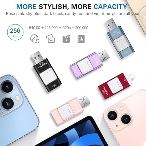4-in-1 Rose Pink 256 GB Flash Drive for i Phone & i Pad – Versatile USB Type C Memory Stick for Seamless File Transfers Across Android, Computers & More – Enhanced Speed & Storage Solution for Photos, Videos, and Documents