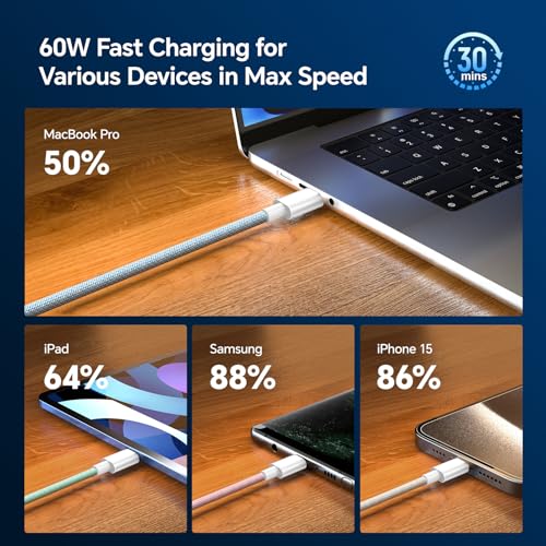 Premium 3-Pack USB C to USB C Charging Cables – 6.6 ft, 60 W Fast Charging & Robust Nylon Braiding for i Phone 15 Pro Max, i Pad, Samsung S23, and More – Versatile Data Transfer Up to 480 Mbps, Essential for Home, Office, and Travel Needs