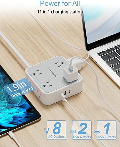 TESSAN Power Strip Tower Surge Protector: 8 AC Outlets & 3 USB Ports (1 USB-C) with 900 Joules Protection, 5 FT Flat Plug Extension Cord – Ultimate Desk Charging Station for Home Office and Dorm Room Efficiency