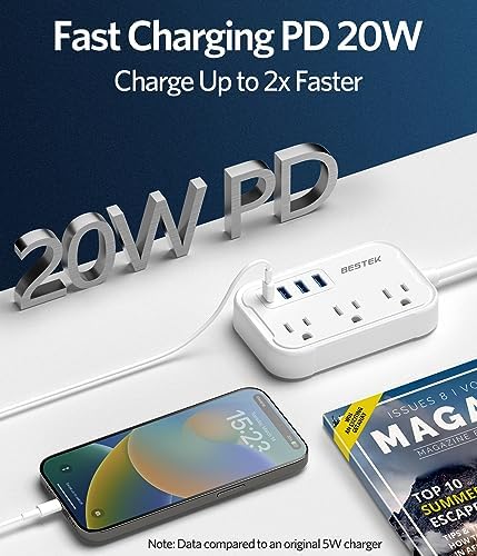 Ultimate BESTEK Type G Travel Power Adapter: 3 AC Outlets & 4 High-Speed USB Ports with 20 W PD for Rapid Charging – Ideal for Hassle-Free US to UK Travel, Compatible in Ireland, Scotland, and Hong Kong – 2.6 ft Flexible Cord for Enhanced Convenience and Multi-Device Power Solutions
