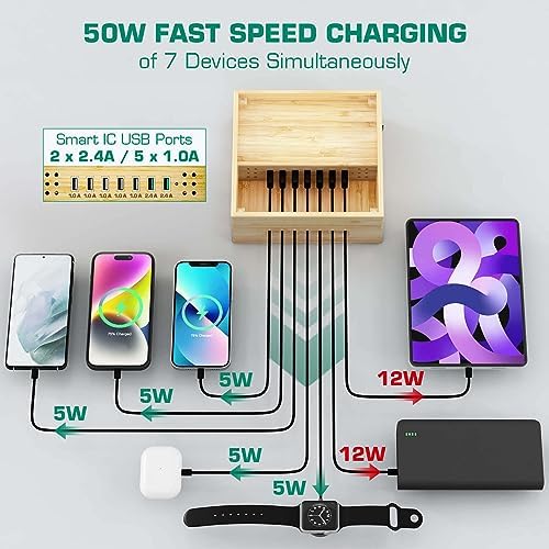 Sustainable Bamboo USB Charging Hub with 7 Ports – Elegant Multi-Device Organizer for Smartphones, Tablets, Smartwatches, and Earbuds – Fast Charging Solution with Dedicated Holders for Tidy Power Management and Stylish Home Décor