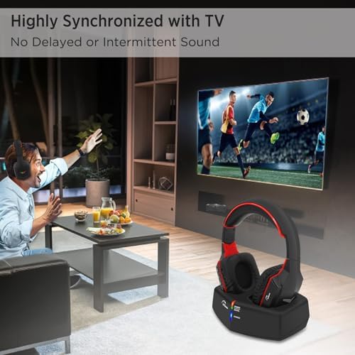 Unleash the Power of Sound with Wallar Ge Long-Range Wireless Over-Ear Headphones – Effortless Setup with RF Transmitter, 100 Ft Wireless Freedom, and 20-Hour Rechargeable Battery Life for Uninterrupted Entertainment – Luxurious Comfort in Sleek Black/Red Design, Compatible with All TV Brands for an Immersive Audio Experience