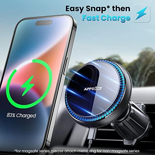 APPS2 Mag Safe-Compatible Wireless Car Charger with 15 W Fast Charging – Advanced Car Vent Mount for i Phone 16/15/14 Series with 3200 RPM Cooling Fan System for Optimal Performance and Safety