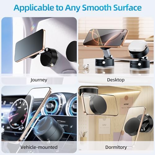 Vacuum Suction Magnetic Phone Holder, 2-Pack Adjustable Vacuum Magnetic Car Phone Holder Foldable Vacuum Magnetic Cell Phone Holder Stand Suction Phone mount for iPhone 16/15/14/Gym/Shower/Car/Mirror – Enhanced Compatibility and Speed