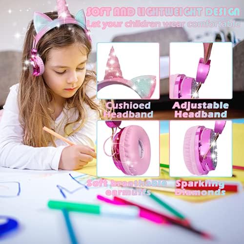 Light Purple Unicorn Cat Ear Bluetooth Headphones for Kids – Safe Listening with Volume Limiting, FM Radio & Dual Connectivity for Fun Learning and Entertainment – Ideal for School, Laptops, and Smartphones