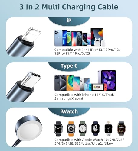 4 FT USB-C Multi-Device Charging Cable Duo for Apple Watch and i Phone – Superior 3-in-2 Charging Solution for i Watch Models and i Phone 16/15/14/13/12/11 & Galaxy S23 – Enhanced Rapid Charging, Exceptional Durability, and Total Convenience for Mobile Users