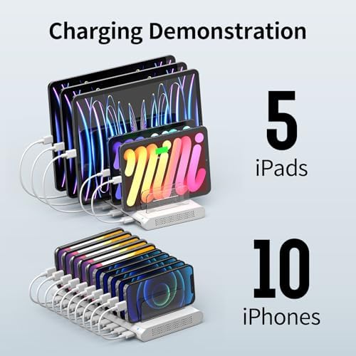 Unitek 10-Port USB Charging Station – High-Speed Multi-Device Charger with Smart IC Technology, Adjustable Dividers for i Pad, i Phone, Tablet & Kindle – Sleek White Design for Organized Charging in Homes & Offices