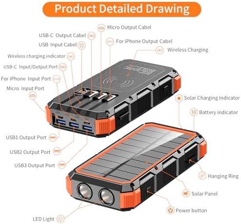 Ultimate 49,800 m Ah Solar Power Bank – Wireless Fast Charging with QC 3.0, 8 Outputs & 4 Inputs, Emergency SOS Flashlight – Durable Outdoor Charger for All Mobile Devices in Bold Orange – Ideal for Camping, Hiking & Travel