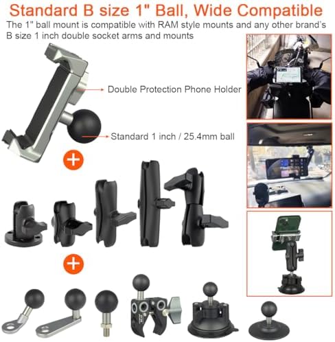Aluminum Cell Phone Holder with 1 Inch Ball Mount Adapter Compatible with RAM mounts B Size 1″ Socket Arm Bike Motorcycle Car Phone Mount, Double Protection Anti-loosening Locking knob – Enhanced Compatibility and Speed