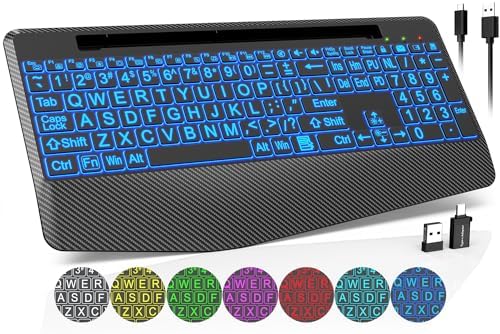 Ergonomic Wireless Keyboard with 7 Colorful Backlights, Rechargeable Design & Silent Keys – Perfect for Windows, Mac, PC & Laptop Users with Integrated Phone Holder, Full-Size Comfort & Enhanced Productivity