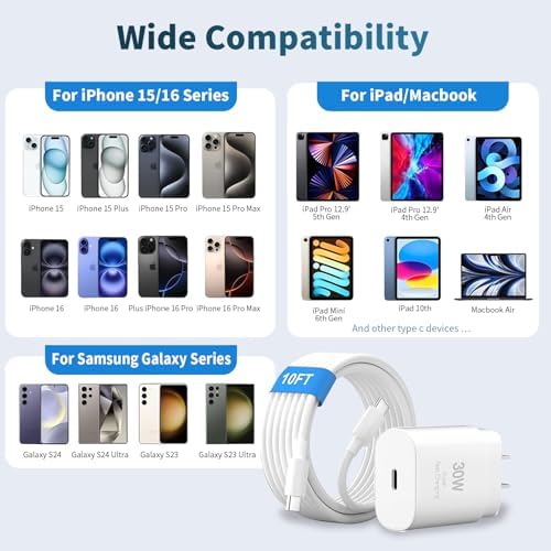 30 W USB-C Super Fast Charger Block with 10 FT Type C Cable – Optimal Charging Solution for i Phone 16/15 Pro & Galaxy S25 Ultra – Enhanced Portability & Rapid Power Delivery for All Devices
