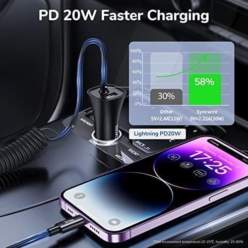 Rapid Charge Your Apple Devices with Syncwire MFi Certified 32 W Car Charger featuring Built-in 5 FT Coiled Lightning Cable – Ultimate Fast Charging Solution for i Phone 14/13/12/11/XR/Max and i Pad – Compact and Travel-Ready USB Adapter for Hassle-Free Power On-The-Go