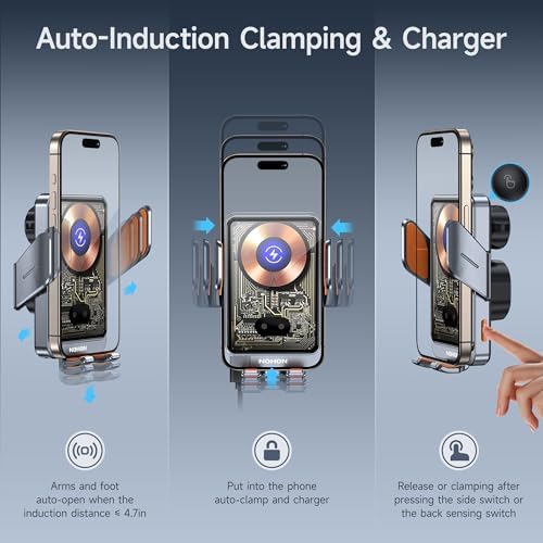 NOHON 15 W Qi Wireless Car Charger and Phone Holder with Auto Sensor Clamping – Rapid Charging Solution for i Phone 15, 14, 13, 12 Pro Max – Stylish Silver Design for Seamless Navigation and Road Safety Enhancement