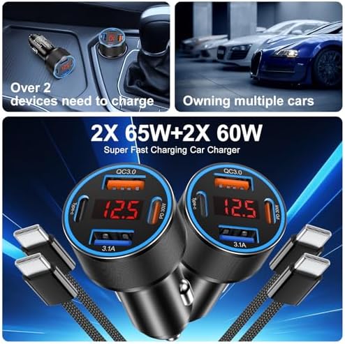 Rapid Charge Dual Pack: 65 W 4-Port USB-C Car Charger for i Phone 16/16 e/15 & Galaxy Devices with Integrated Voltmeter & 6 FT Cable – Ultimate Multi-Device Power Solution for On-the-Go Charging