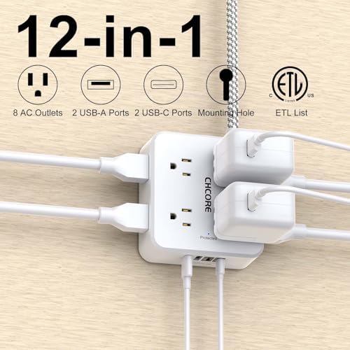CHCORE 5 Ft Surge Protector Power Strip – 8 Outlet Power Hub with 4 USB Ports (2 USB-C) for Rapid Charging, Flat Plug Design for Space-Saving Convenience in Home and Office, ETL Certified for Enhanced Safety and Performance