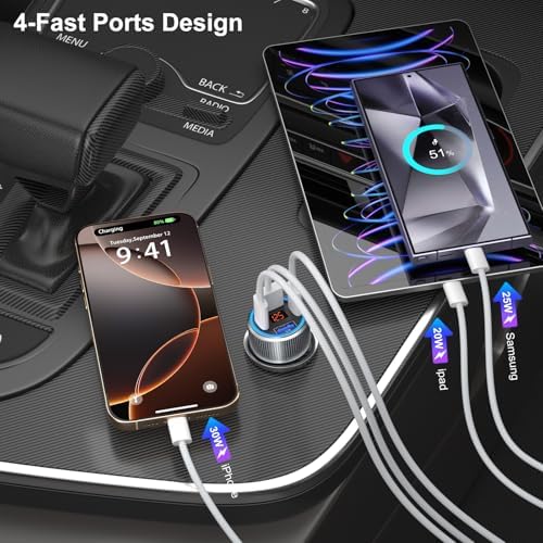 Premium 65 W Multi-Port USB C Car Charger for i Phone 16/16 e/15 Pro Max & Samsung Galaxy Devices – Dual USB-C Fast Charging Adapter with Integrated Voltmeter for Safe, Efficient Power Delivery on the Go – Ideal for Family Road Trips & Daily Commutes