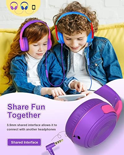 Vibrant Purple/Red ELECDER S8 Wired Kids Headphones with Adjustable Volume Control – Safe Sound Technology (85/94 d B) for Hearing Protection – Comfortable Fit for Growing Children – Perfect for School, Travel, and Play – Built-in Microphone for Effortless Communication – Compatible with Tablets and Smartphones – Durable Design for Everyday Adventures
