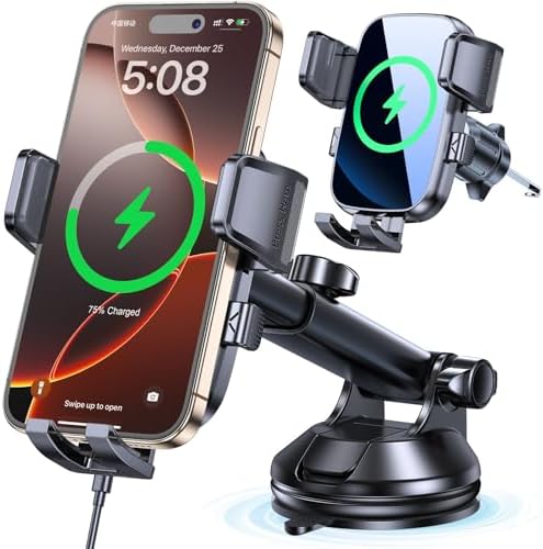 Kaistyle Advanced Wireless Car Charger Mount with Enhanced Suction & Clip System – Fast Qi Charging Holder for i Phone 16/15/14/13 Pro Max & Samsung Smartphones – Ultimate Stability & Accessibility for All Qi-Enabled Devices – Safe Hands-Free Operation for Streamlined Driving Experience