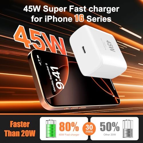 Ultra-Fast 45 W i Phone 16 Pro Max Charger with 6 FT USB-C Cable – Versatile Wall Adapter for i Phone 15, Android & More – Compact Design with Advanced Safety Features for Reliable Everyday Charging