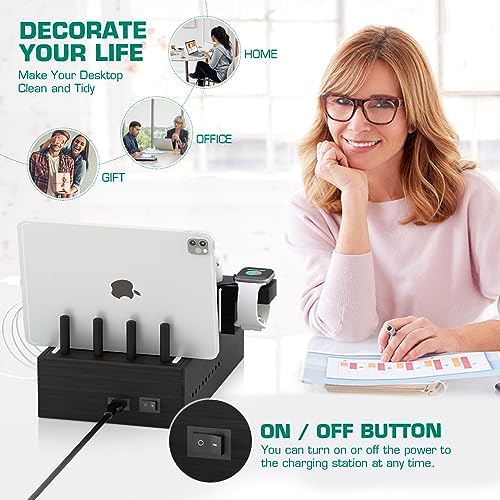 Eco-Friendly Bamboo Wireless Charging Station – Versatile Docking Organizer with 7 USB Ports for Fast Qi-Certified Charging of Smartphones, Smartwatches, Earbuds, and Tablets – Sleek Design for Enhanced Productivity and Clutter Reduction