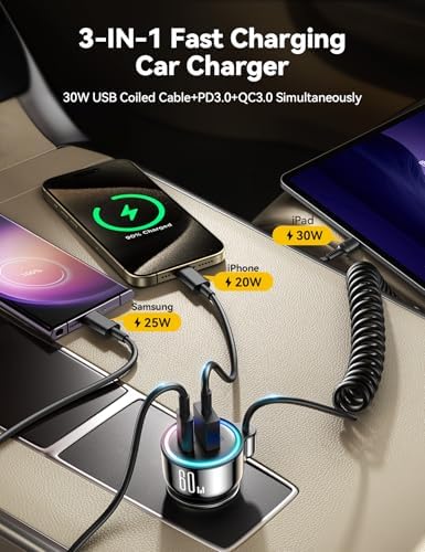 Dual 60 W Fast Car Charger USB-C with 30 W Coiled Cable – Ultimate Charging Solution for i Phone 15/16 Pro Max, Samsung S24/S23, and Android Devices – Rapid PD & QC3.0 Technology for Uninterrupted Power on the Go