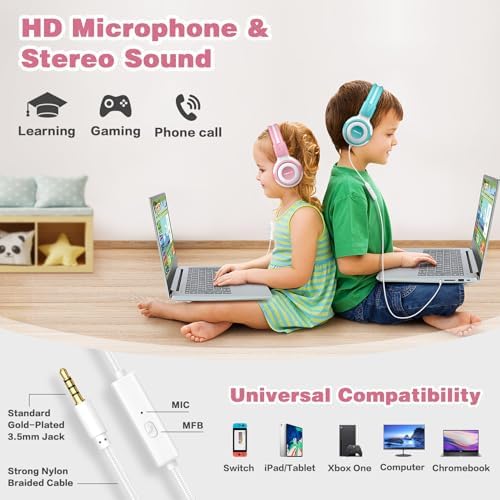 Chic Pink SIMOLIO Kids Headphones with Microphone – Volume-Limited Wired Design for Safe Listening – Adjustable Sound Levels (75/85/94 d B) for Hearing Protection – Perfect for School, Travel, and Home Use – Durable and Comfortable Fit for Active Young Listeners – Compatible with Smartphones & Tablets for Versatile Use