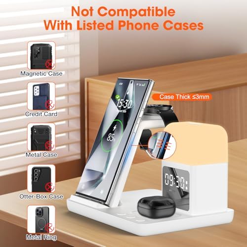 Ultimate 6-in-1 Wireless Charging Station for Samsung & Android: Fast Charger with Alarm Clock & Night Light for Galaxy S25 Ultra, S24, S23, and Samsung Watch7 – Space-Saving Design, Enhanced Compatibility, and Sleek Black Finish for Modern Living