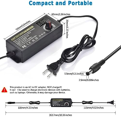 Versatile Adjustable DC Power Supply 3 V-24 V with Digital Voltage Display and 14 Interchangeable Tips – High-Efficiency Universal AC/DC Adapter for Global Use, 3 A 72 W Output for Reliable Device Compatibility