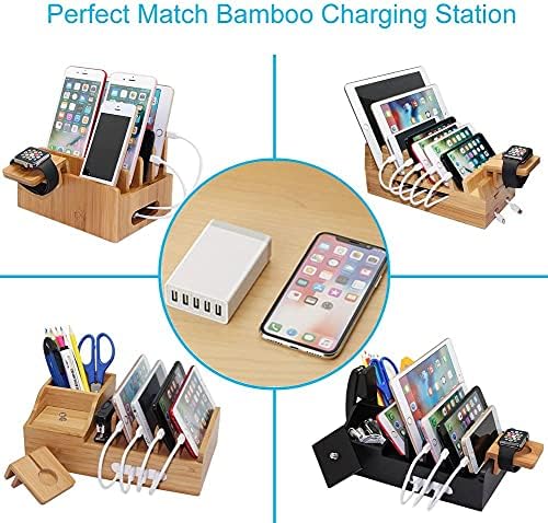 Eco-Friendly Bamboo Multi-Device Charging Station Organizer – Sleek Wood Dock for Phones, Tablets & Smartwatches – Clutter-Free Desktop Solution with Enhanced Compatibility (No USB Charger) – Elevate Your Workspace Aesthetics