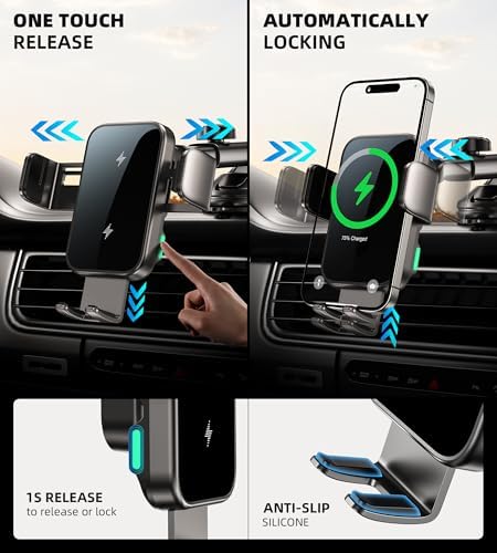 Revolutionary 15 W Dual Coil Wireless Car Charger & Auto-Clamping Phone Holder for Samsung Galaxy and i Phone Series – Effortless One-Handed Operation & Enhanced Compatibility for Safe, Fast Charging on Dash, Vent, or Windshield