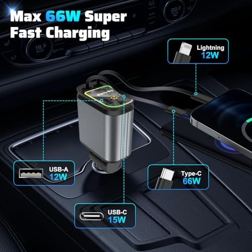 Illuminate Your Drive with the Starlight Retractable Car Charger – 4-in-1 USB-C Fast Charging Adapter with Dual Ports for i Phone, i Pad, and Air Pods, Enhanced Compatibility, Tangle-Free Design, and Mesmerizing Car Roof Ambiance for Effortless Road Trips
