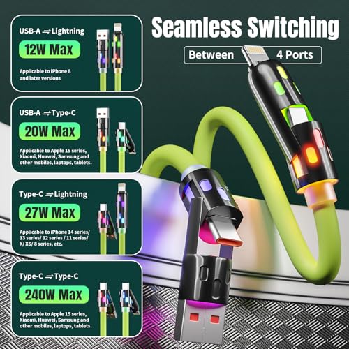 Revolutionary 240 W USB C to Lightning Multi-Charging Cable – 5 FT 4-in-1 Design with Integrated LED Indicator for i Phone 16/15/14/13, Laptops, and More – Ultimate Fast Charging Solution with Enhanced Compatibility for All Devices