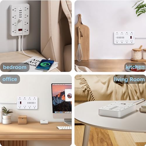 HUNIAN 5 Ft Flat Plug Power Strip with 8 Outlets and 6 USB Ports, Including USB-C Charger – Ultimate Surge Protector for Efficient Home and Office Charging Solutions, Compact Design for Desk and Travel Use, Black
