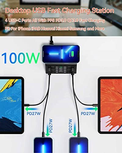 ASOMETECH 100 W 8-Port USB Charging Station with Quick Charge 3.0 & USB-C PD – High-Efficiency Wireless Charging Hub Featuring LCD Display for Seamless Multi-Device Power Management – Ideal for i Phone 13, i Pad, Samsung, and More – Smart Power Distribution & Compact Design for Home or Office