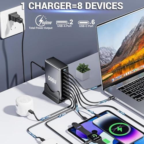 Ultra-Fast 500 W Ga N III 8-Port USB C Charging Hub – Multi-Device Fast Charger Station for Mac Book, i Phone, i Pad, Dell & More – Optimized for Speed and Versatility in Home & Office Charging Solutions