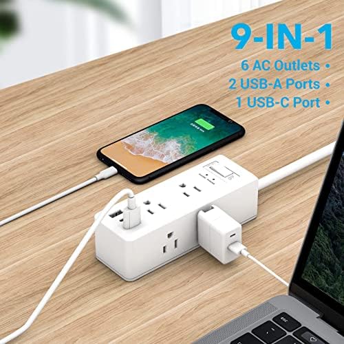 Elevate Your Charging Game with the Clear Power 2-Outlet Power Strip – 6 ft Flat Plug Power Station Featuring 3 USB Ports (1 USB-C) for Rapid Device Charging, Ideal for Home, Office & Travel, Durable & Compact Design, White, Model DC3 S-1102-DC