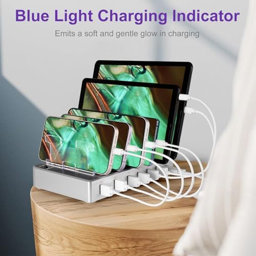 GARUET 6-Port USB Charging Station – Fast Multi-Device Charger Hub with 6 Mixed Cables for i Phones, i Pads, and More – Sleek Design, Enhanced Compatibility, and Intelligent Safety Features for Efficient Power Management