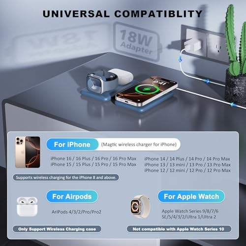 Elevate Your Charging Game with the Ultimate 3-in-1 Wireless Charger – Fast Magnetic Charging Station for i Phone 16, Compatible with i Phone 15, 14, 13, 12 Pro Max, Air Pods 4/3/Pro & Apple Watch – Perfect for Travel & Daily Use, Streamlined Design for Effortless Organization and Enhanced Efficiency