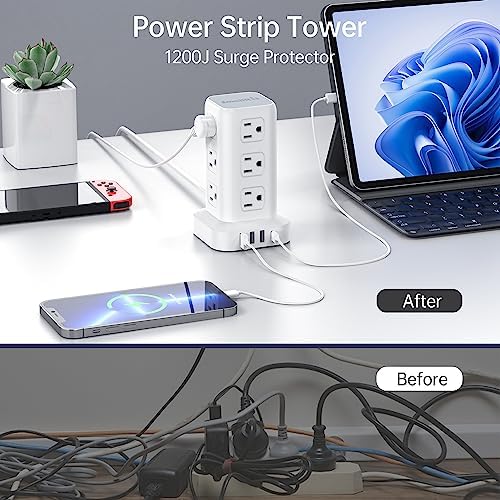 Elevate Your Charging Efficiency with the 12-Outlet Tower Surge Protector Power Strip – 6.5 Feet Extension Cord, 4 USB Ports Including USB-C, Compact Charging Station for Office and Home, Enhanced Surge Protection for Ultimate Device Safety