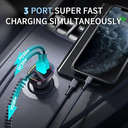 High-Power 90 W USB-C Car Charger for i Phone 16 Pro & Samsung Galaxy – Fast PD & QC 3.0 Charging with 4 ft Coiled Cable, Multi-Port Compatibility for Ultimate Convenience on the Go – Perfect for Long Trips and Daily Commuting