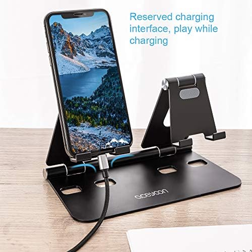 Aceyoon Ergonomic Aluminum Tablet & Phone Stand – Versatile Dual Device Holder for i Pads and Smartphones, Adjustable Viewing Angles for Optimal Comfort, Portable and Foldable Design Perfect for Home Office, Sleek Matte Black Finish Enhancing Modern Workspaces