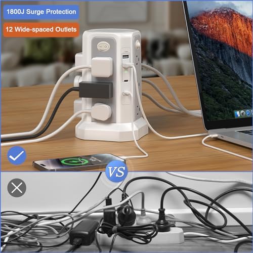 Maximize Power Distribution with the PASSUS Surge Protector Tower – 12 AC Outlets, 5 USB Ports Including 18 W USB C, 10 FT Extension Cord, Space-Saving Flat Plug, Overload Protection for Home and Office Use – Ideal for Multiple Devices and Rapid Charging Solutions