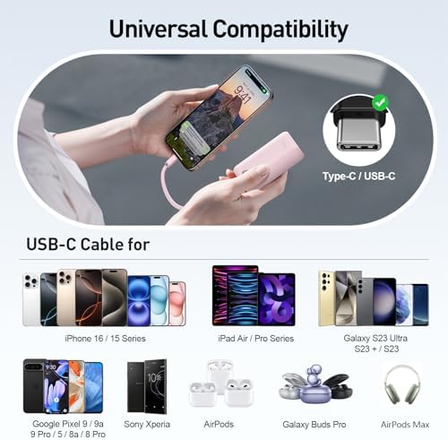 i WALK Ultra-Slim 10,000 m Ah Power Bank with Built-In Cable – Lightning-Fast 22.5 W USB-C Charging for i Phone 16/16 Pro/15, Samsung & Google – Travel-Friendly Pink Mini Portable Charger for On-the-Go Connectivity