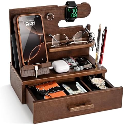 TESLYAR Wood Phone Docking Station with Drawer – Nightstand Organizer – Desk Organizer for Husband – Birthday Gifts for Men, Dad, Anniversary Idea, Key Holder Stand Watch & Accessories (Bourbon Brown) – Enhanced Compatibility and Speed