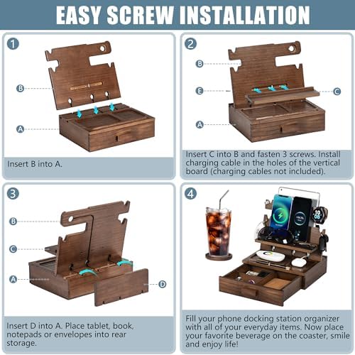 Premium Black Wood Multi-Device Docking Station – Sleek Nightstand Organizer with Hidden Drawer for Valuables, Ideal for Phones, Tablets, Apple Watch, Keys, and EDC Essentials – Streamlined Charging and Elegant Design for Home or Office