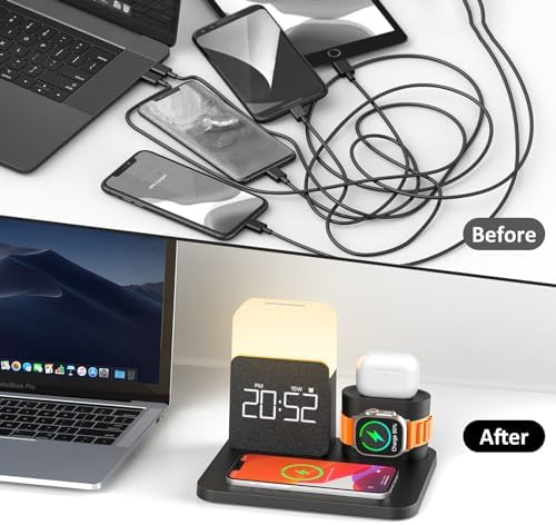 Ultimate 7-in-1 Wireless Charging Station: Multifunctional Dock with Alarm Clock & Night Light for i Phone 12-16 Pro Max & Apple Watch – Enhanced Compatibility & Rapid Charging for Air Pods and More