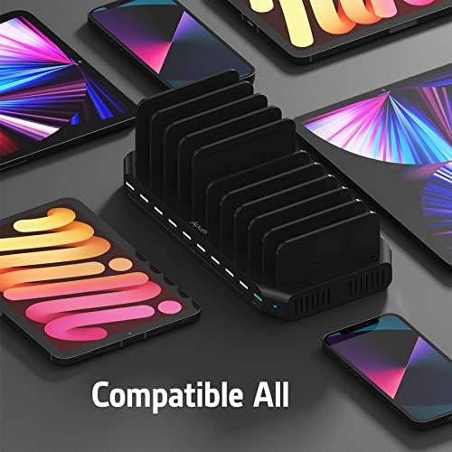 Alxum 10-Port USB Charging Station with Quick Charge 3.0 – Ultimate Multi-Device Power Hub for i Pads, i Phones, Samsung Galaxy & More – Ideal for Home, Office & Shared Spaces – Compact Design with Enhanced Safety Features for Efficient Charging and Clutter Reduction